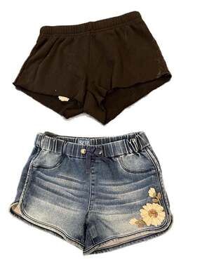Lot of 2 Girls Shorts Sz 7/8 SQZ Floral Denim Katie J NYC Black Fleece pull on